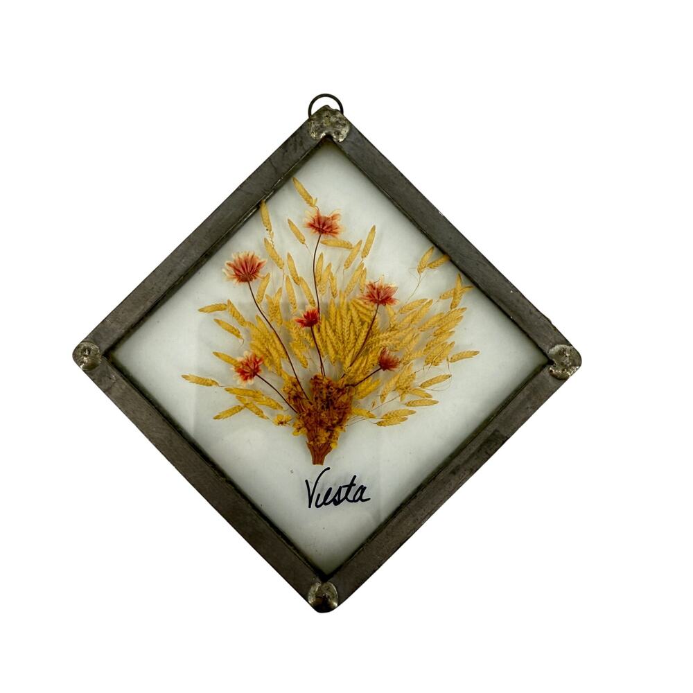 Vtg Vesta Pressed Flowers Glass Metal Frame Sun Catcher Wall Hanging 3” Square